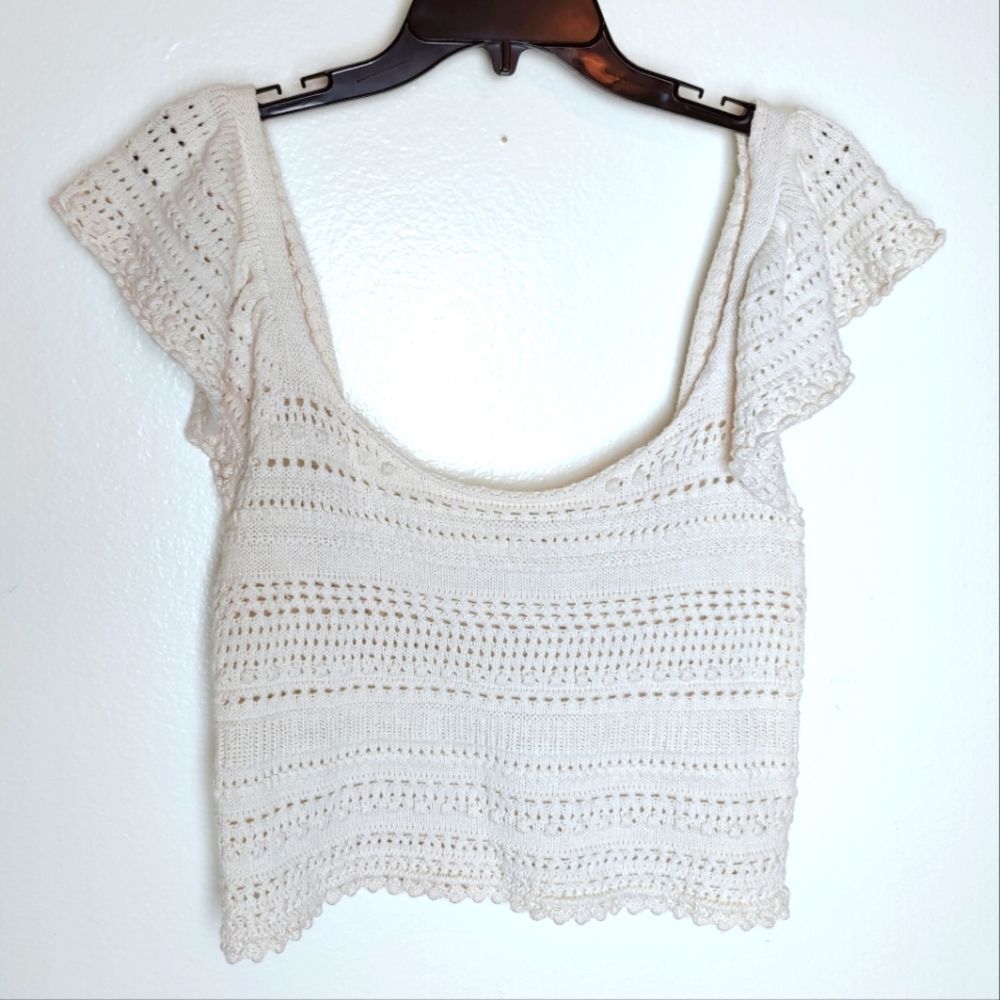 Sincerely Jules for Bandier Cream Crochet Off Shoulder Crop Top, Size L